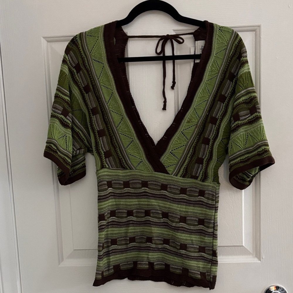V-Neck Knit Top in Green and Brown large